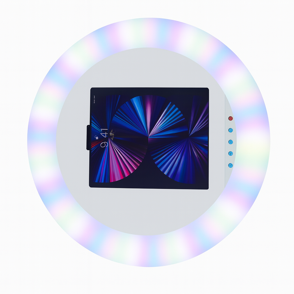 GlowPro Roaming Photo Booth head with round display screen and colorful LED ring on white background – portable iPad photo booth for events.