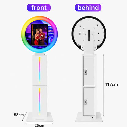 Event photo booth stand dimensions displayed in front and back views – GlowPro portable iPad photo booth.