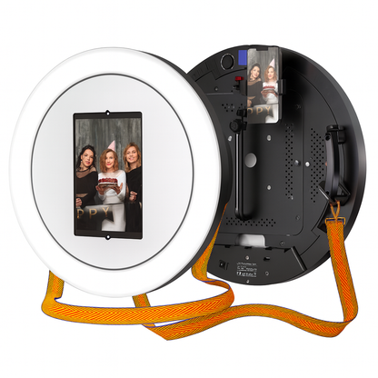 Roamer iPad Photo Booth with round LED frame and strap showing three women – portable handheld event photo booth.
