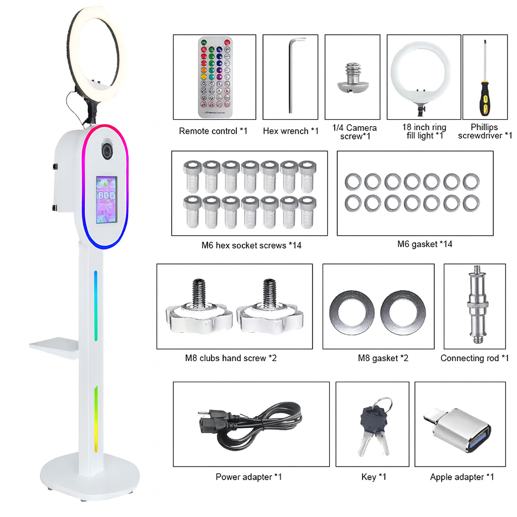 Photo booth accessory kit for InstaBeam Pro including remote, tools, and screws – affordable event photo booth components.