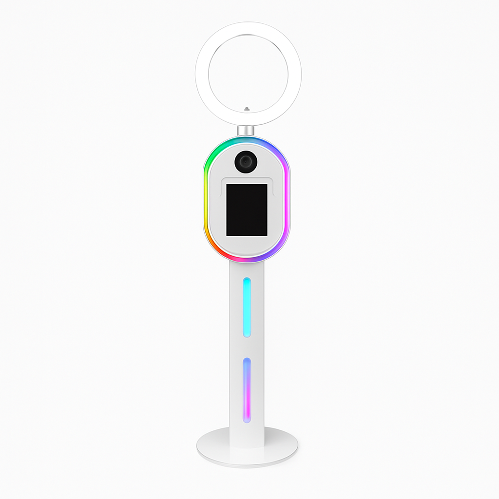 Affordable InstaBeam selfie booth with smartphone stand and colorful LED lighting on white background for weddings and parties.