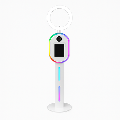 Affordable InstaBeam selfie booth with smartphone stand and colorful LED lighting on white background for weddings and parties.
