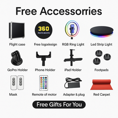 Pro360 360 Photo Booth free accessories set with flight case, RGB ring light, GoPro holder, and remote control on white background.