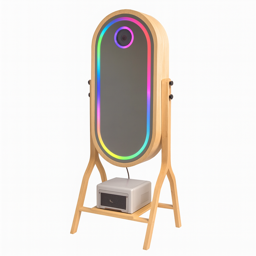 Smart mirror with wooden frame and colorful LED border on a white background