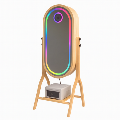 Smart mirror with wooden frame and colorful LED border on a white background
