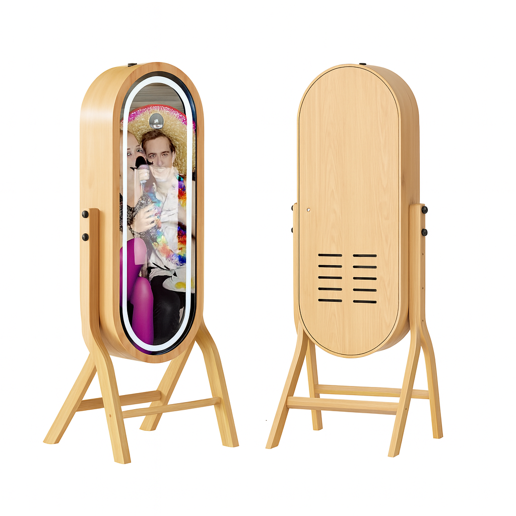 Wedding-style wooden mirror photo booth with oval mirror, front and back angles on white background.