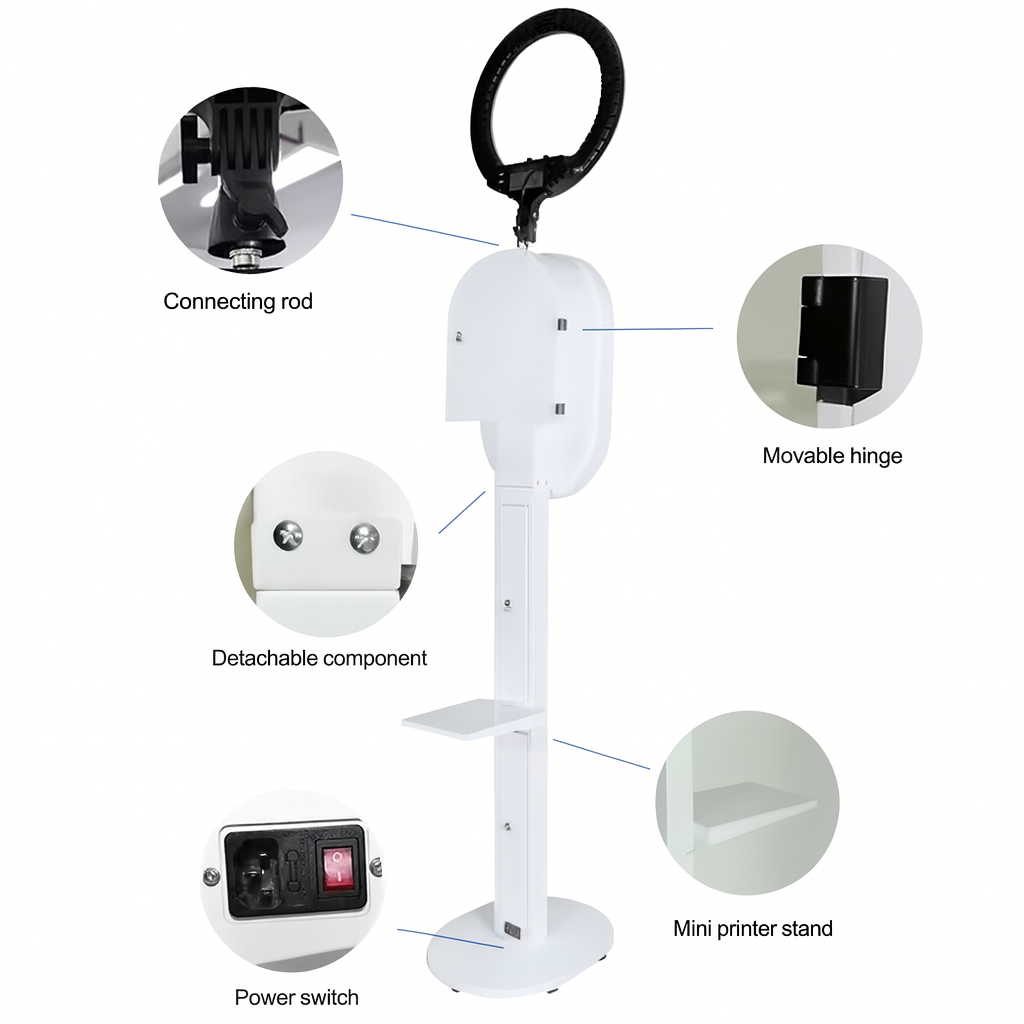 White InstaBeam Pro photo booth stand diagram with labeled parts – portable and affordable DSLR event booth.