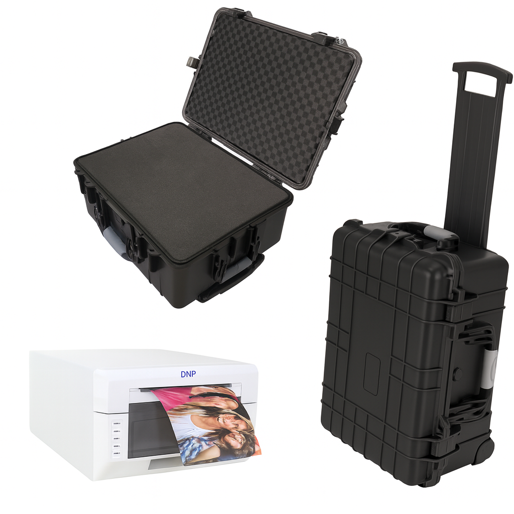 Black hard-shell travel case with wheels for DNP DS620A printer, open on white background showing protective storage functionality.