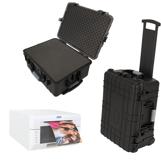 Black hard-shell travel case with wheels for DNP DS620A printer, open on white background showing protective storage functionality.